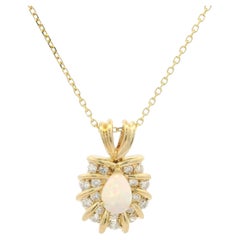 14k Yellow Gold Pear Tear Drop Opal Channel Diamond Halo Chain Necklace