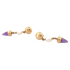 Pendientes Colgantes de Oro Amarillo de 14k Perla y Amatista