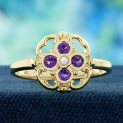 14K Yellow Gold Pearl and Amethyst Vintage Style Floral Ring
