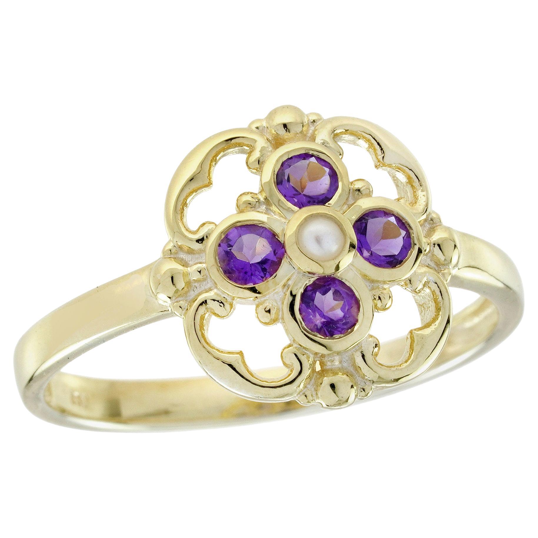 14K Yellow Gold Pearl and Amethyst Vintage Style Floral Ring