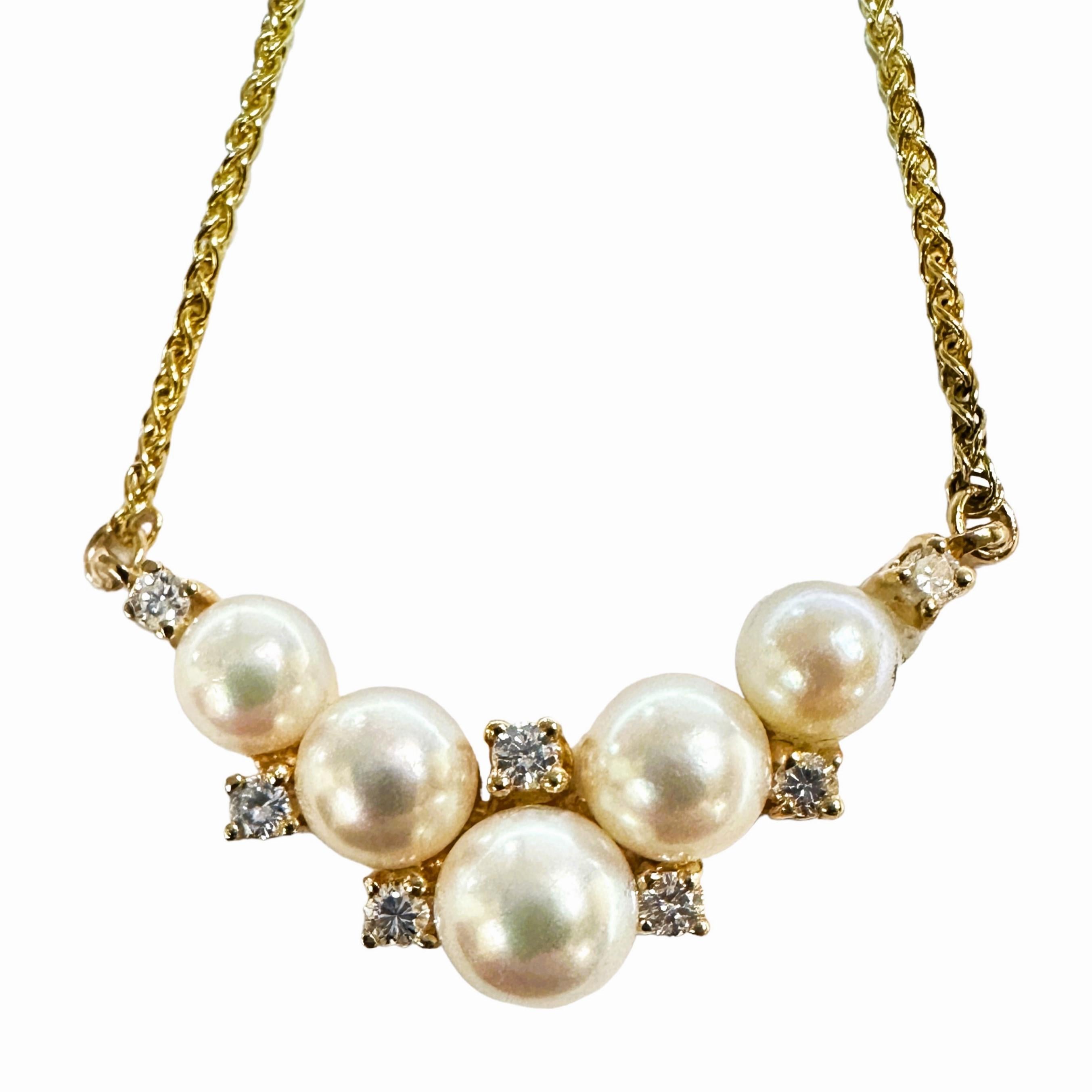 Round Cut 14K Yellow Gold Pearl and Diamond Chevron Necklace 19 Inches For Sale