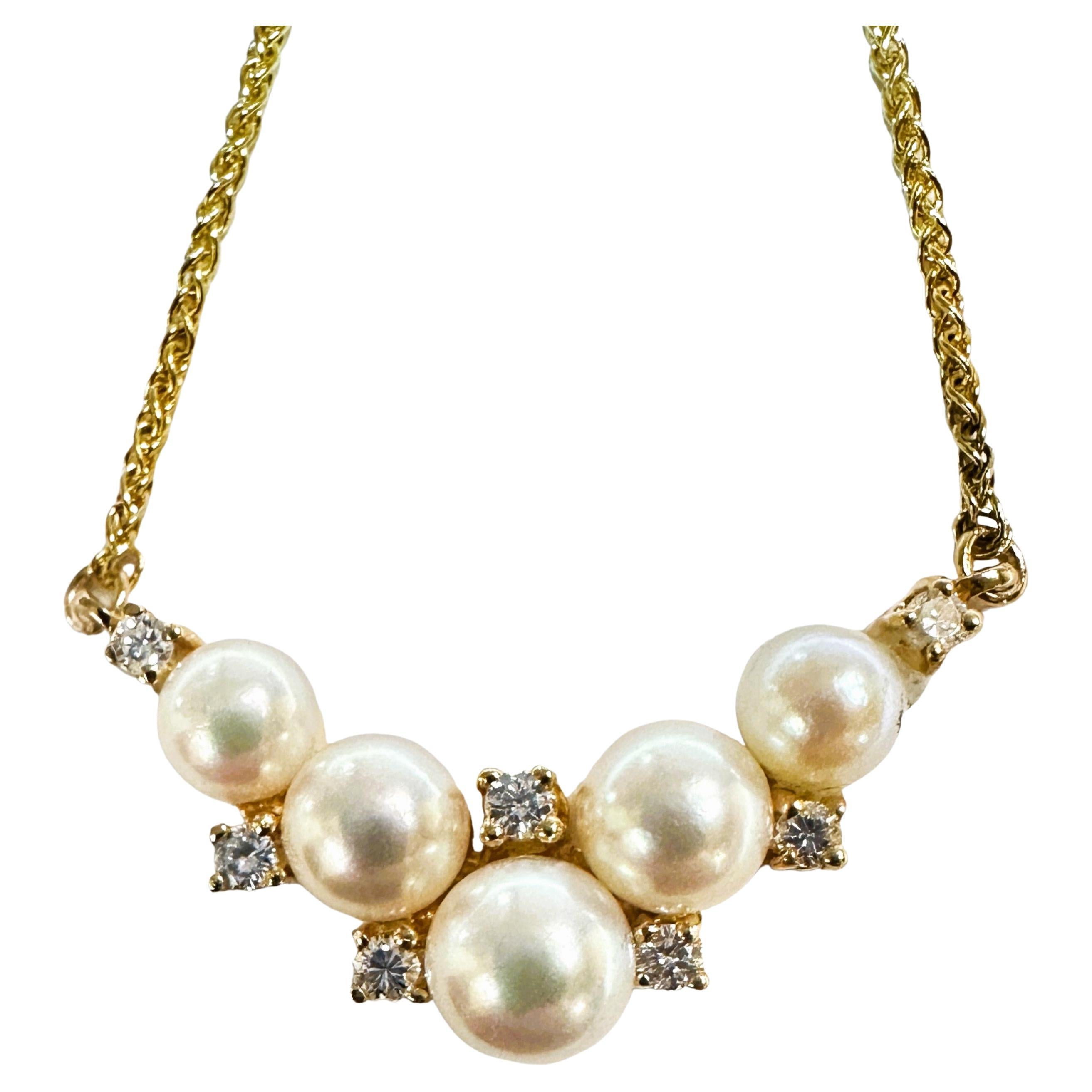 14K Yellow Gold Pearl and Diamond Chevron Necklace 19 Inches For Sale