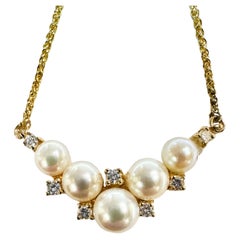 14K Yellow Gold Pearl and Diamond Chevron Necklace 19 Inches