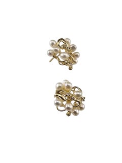 Pendientes de oro amarillo de 14 quilates con perlas y diamantes en racimo #23568