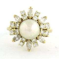 Bague cocktail en or jaune 14k avec perles et diamants, 1,25ct, moderne