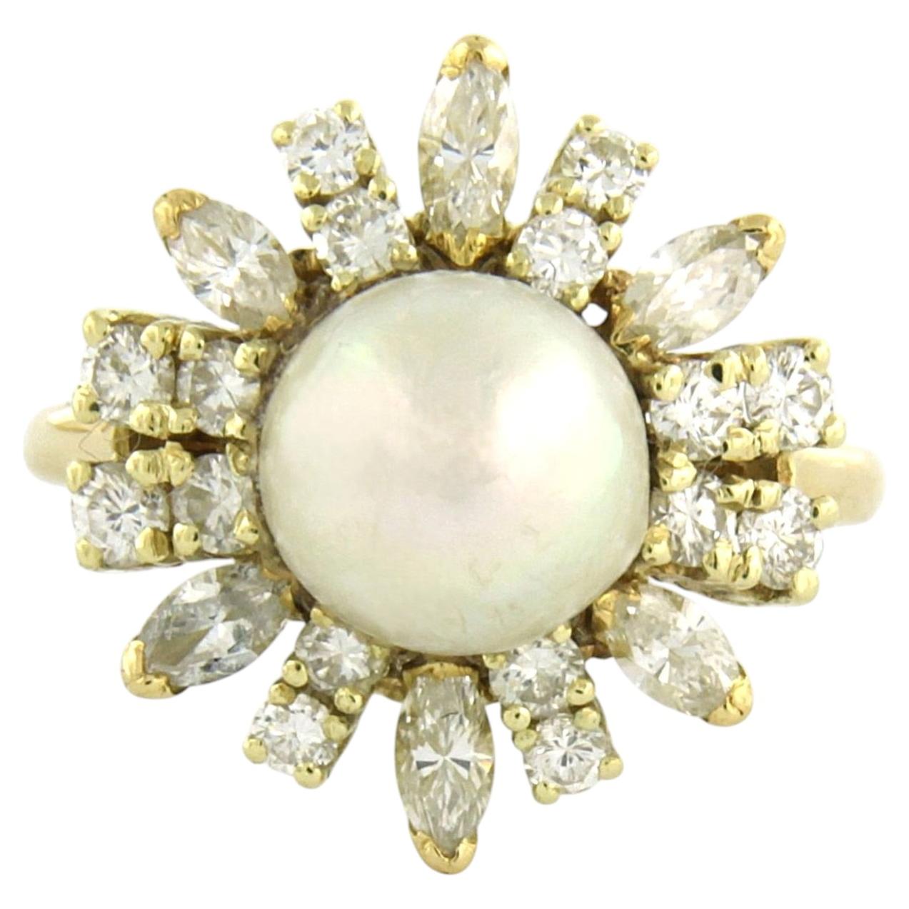 14k Yellow Gold Pearl and Diamond Cocktail Ring, 1.25ct, Modern