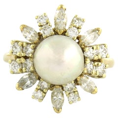 Bague cocktail en or jaune 14k avec perles et diamants, 1,25ct, moderne