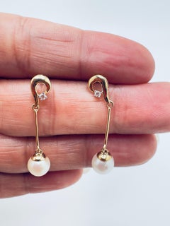 14K Yellow Gold Art Deco Pearl and Diamond Dangle Earrings, 1990s