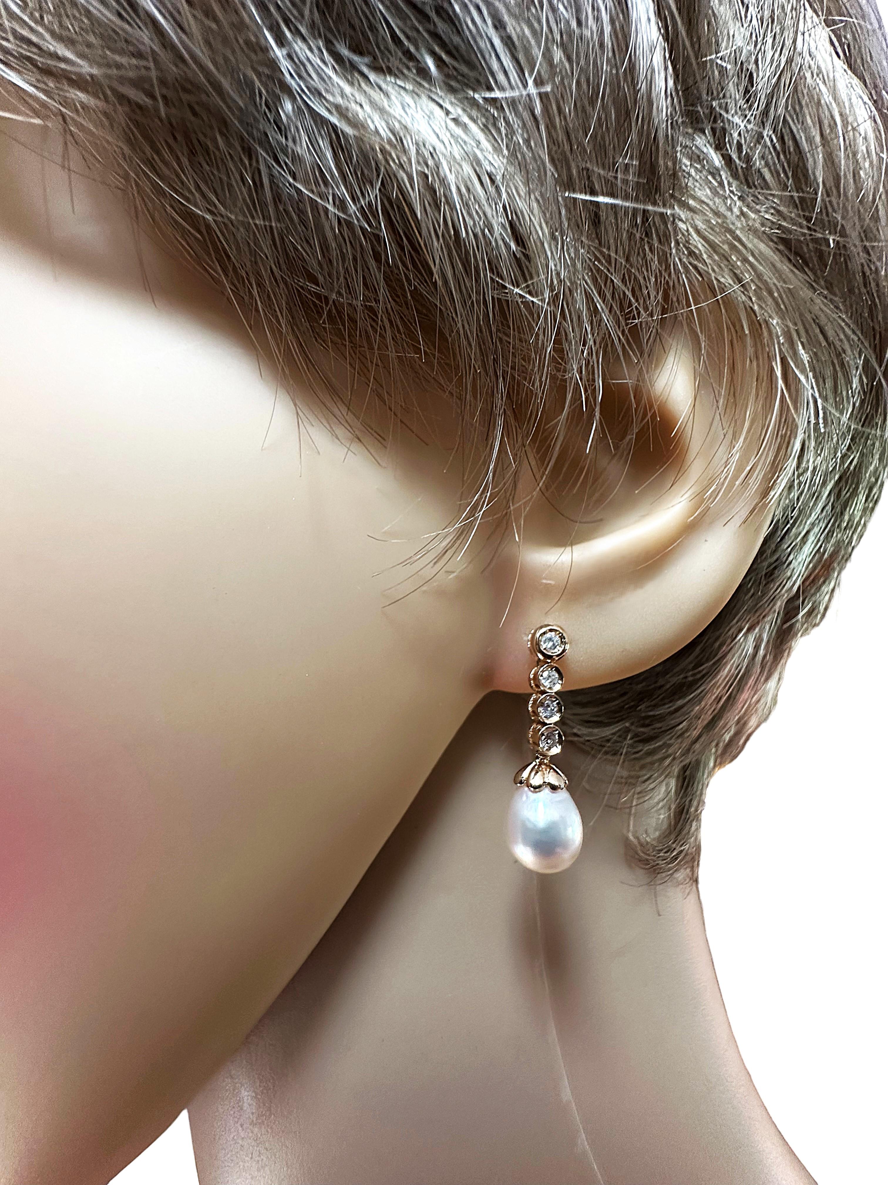 Taille brillant Boucles d'oreilles pendantes en or jaune 14k avec perles et diamants