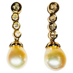 14k Yellow Gold Pearl and Diamond Drop Post Earrings