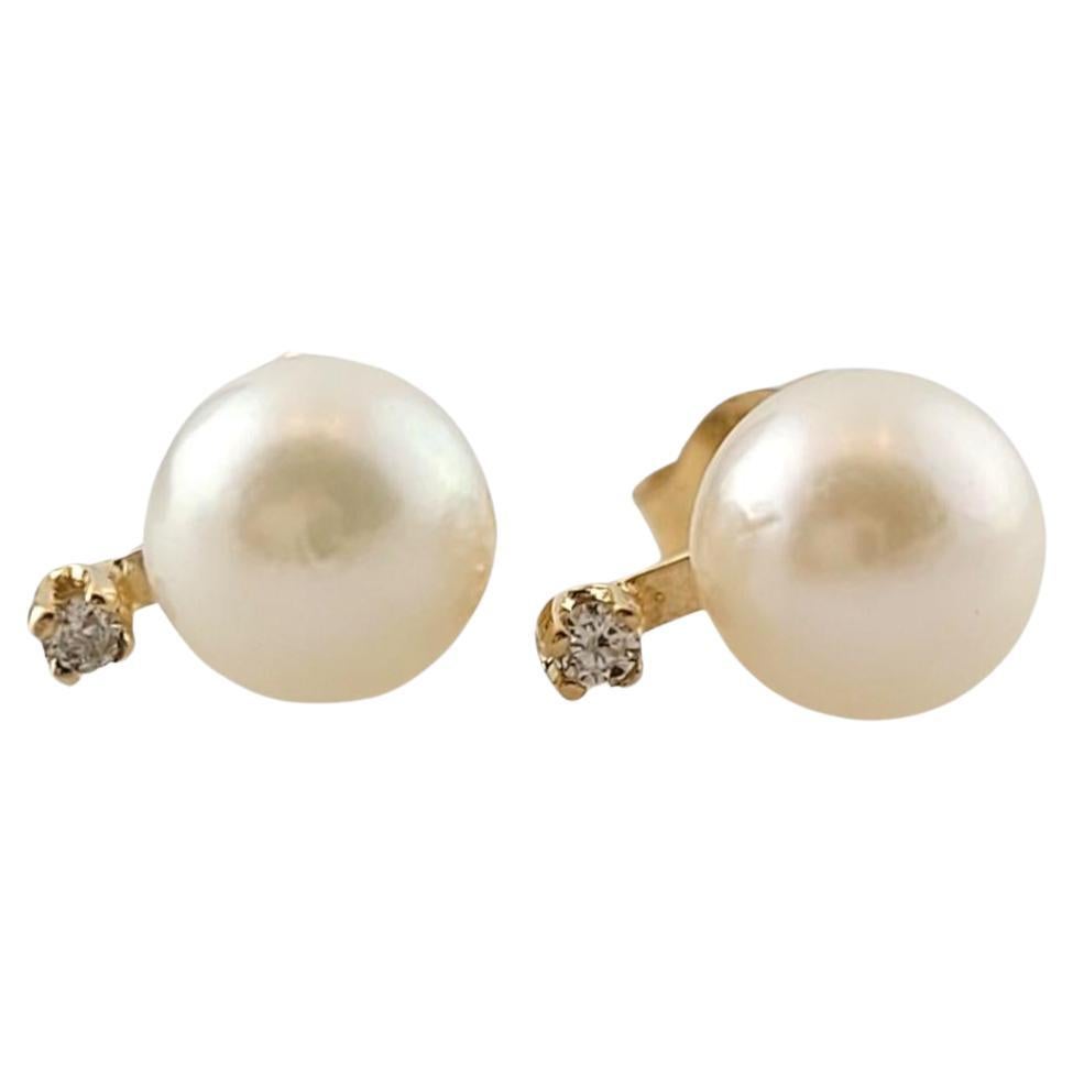 14K Yellow Gold Pearl and Diamond Earrings #16465 For Sale