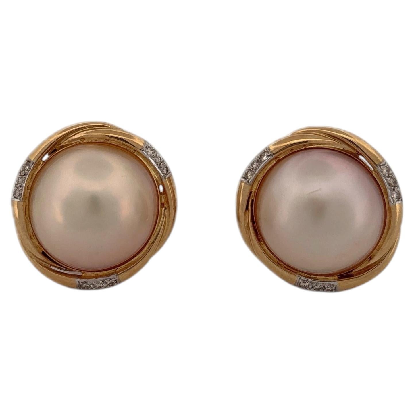 14K Yellow Gold Pearl and Diamond Earrings With a Knot Bezel Set For Sale