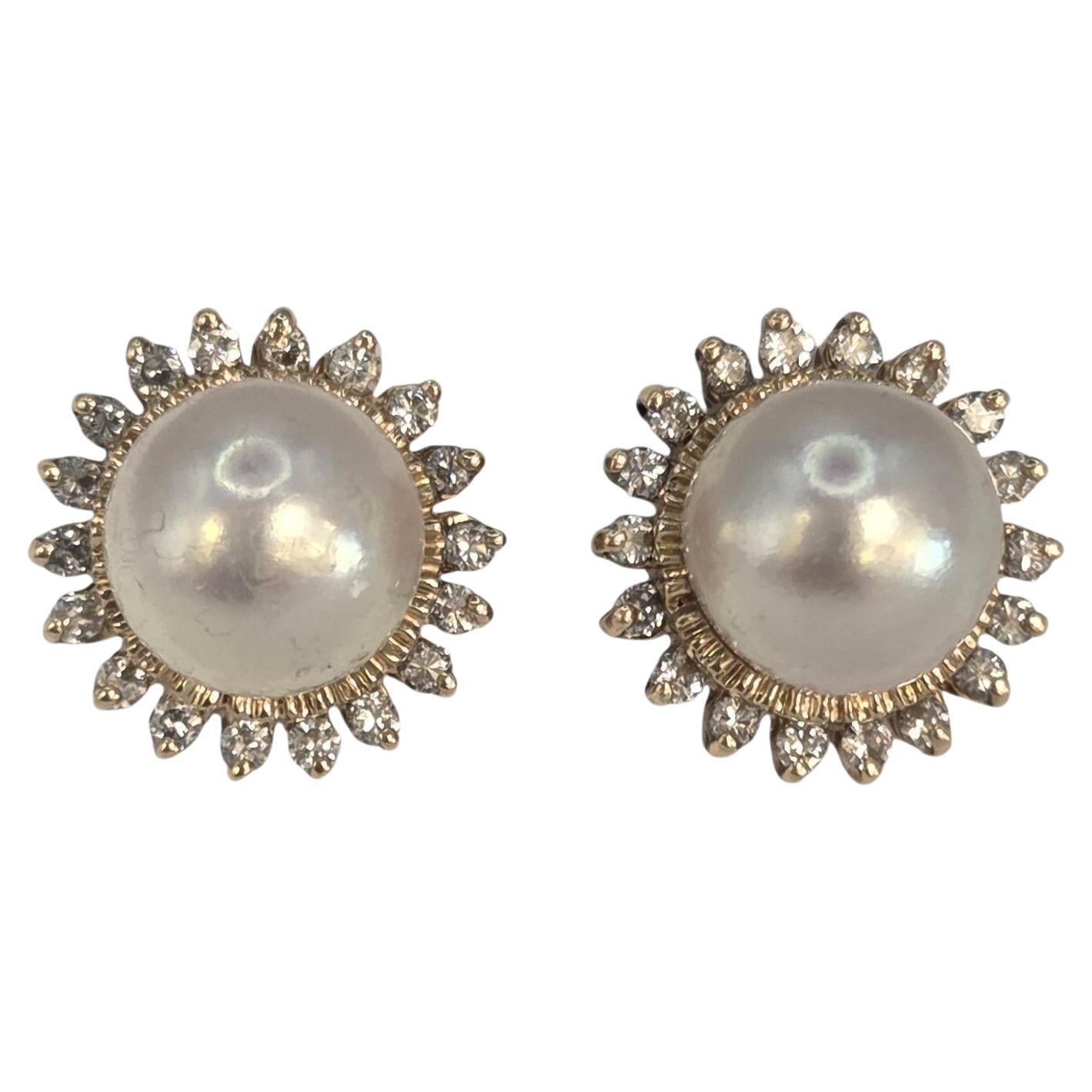 14K Yellow Gold Pearl and Diamond Halo Earrings #23877 For Sale