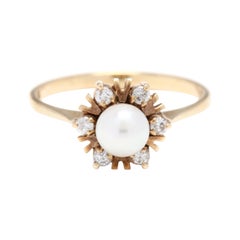 14k Yellow Gold, Pearl and Diamond Halo Ring