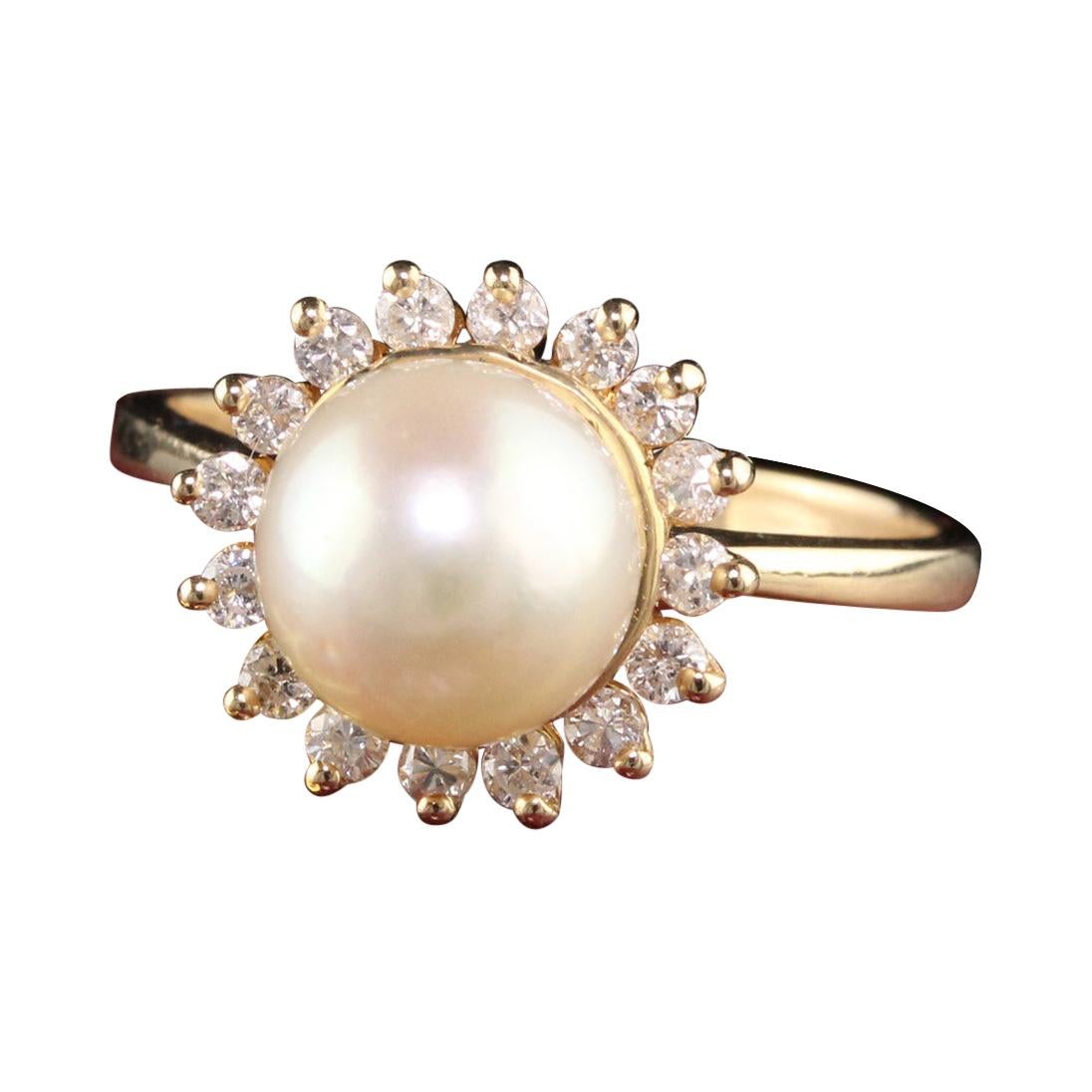 Anello aureola con perle e diamanti in oro giallo 14K