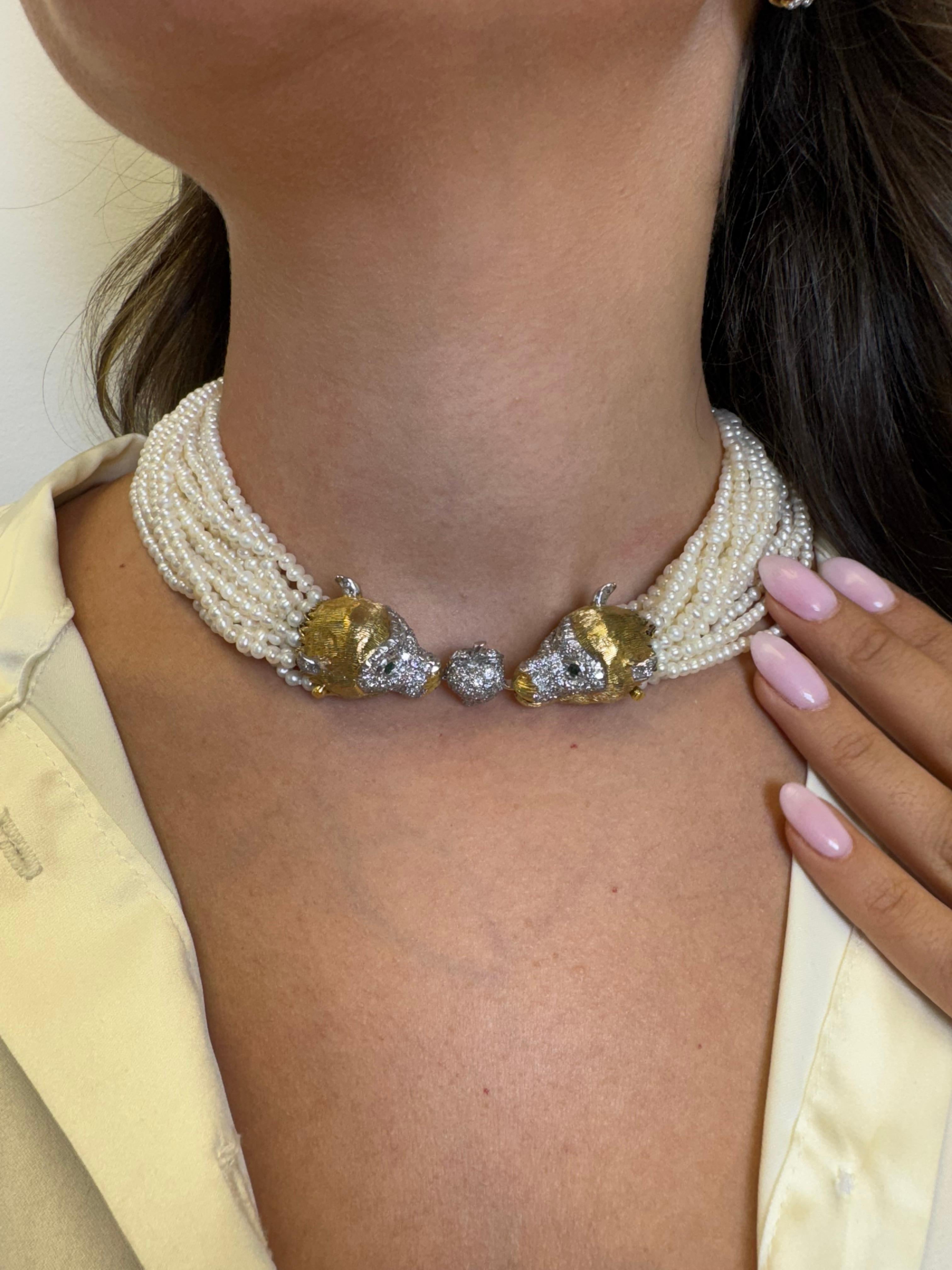 14K Yellow Gold Pearl and Diamond Necklace For Sale 1
