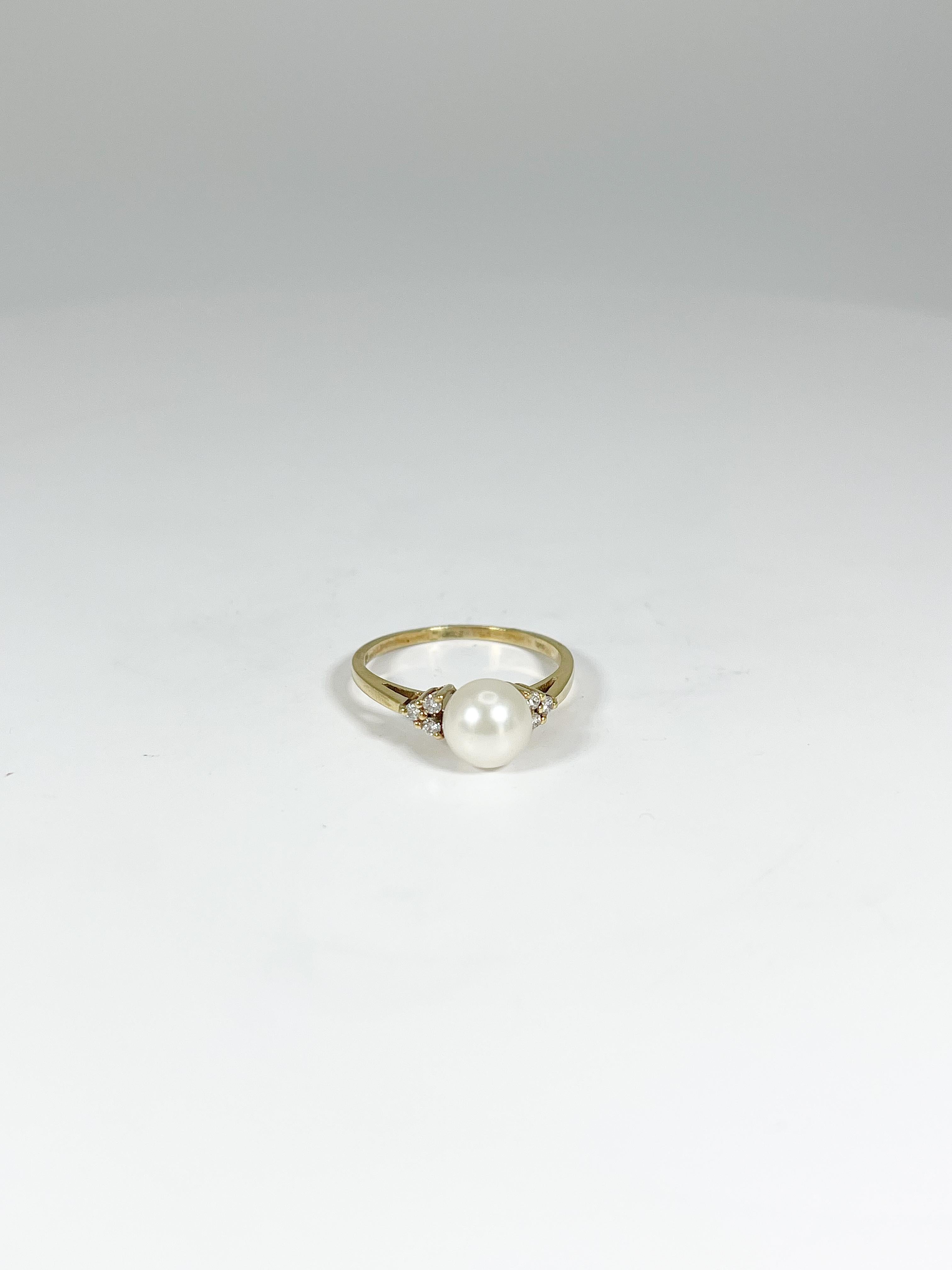 Round Cut 14K Yellow Gold Pearl and Diamond Ring  For Sale