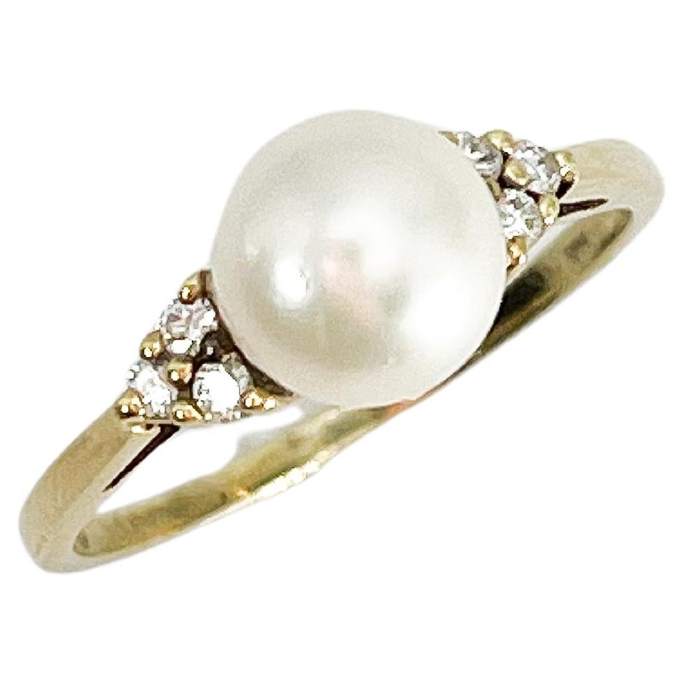 14K Yellow Gold Pearl and Diamond Ring  For Sale