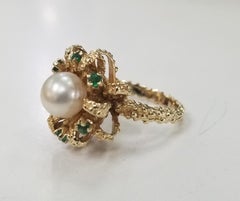 14 Karat Yellow Gold Pearl and Emerald Ring in "Ribbon" Flowing Nugget Design