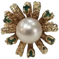 14 Karat Yellow Gold Pearl and Emerald Ring in "Ribbon" Flowing Nugget Design