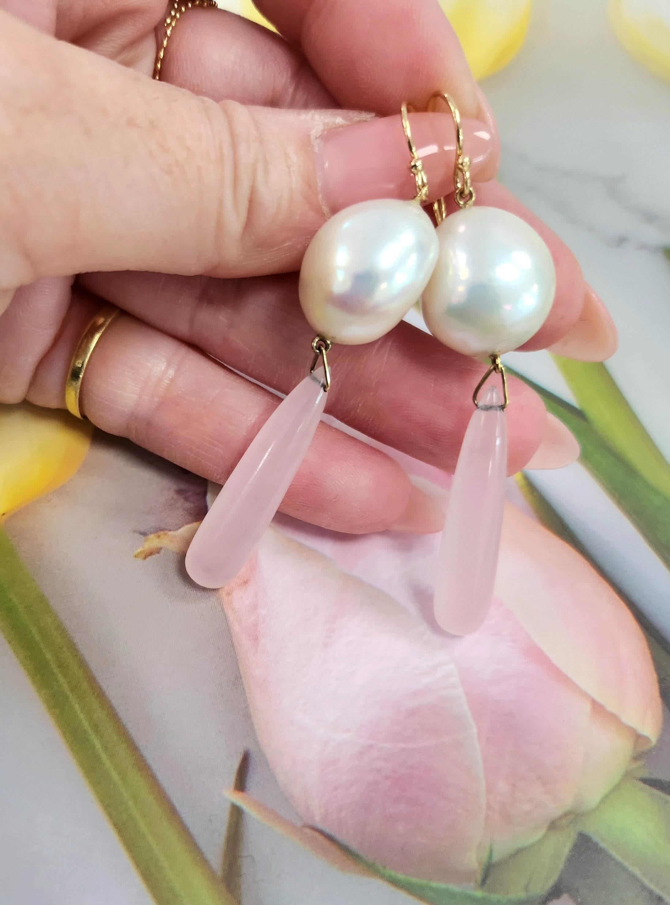 Donna Orecchini a goccia in oro giallo 14K con perle e quarzo rosa in vendita