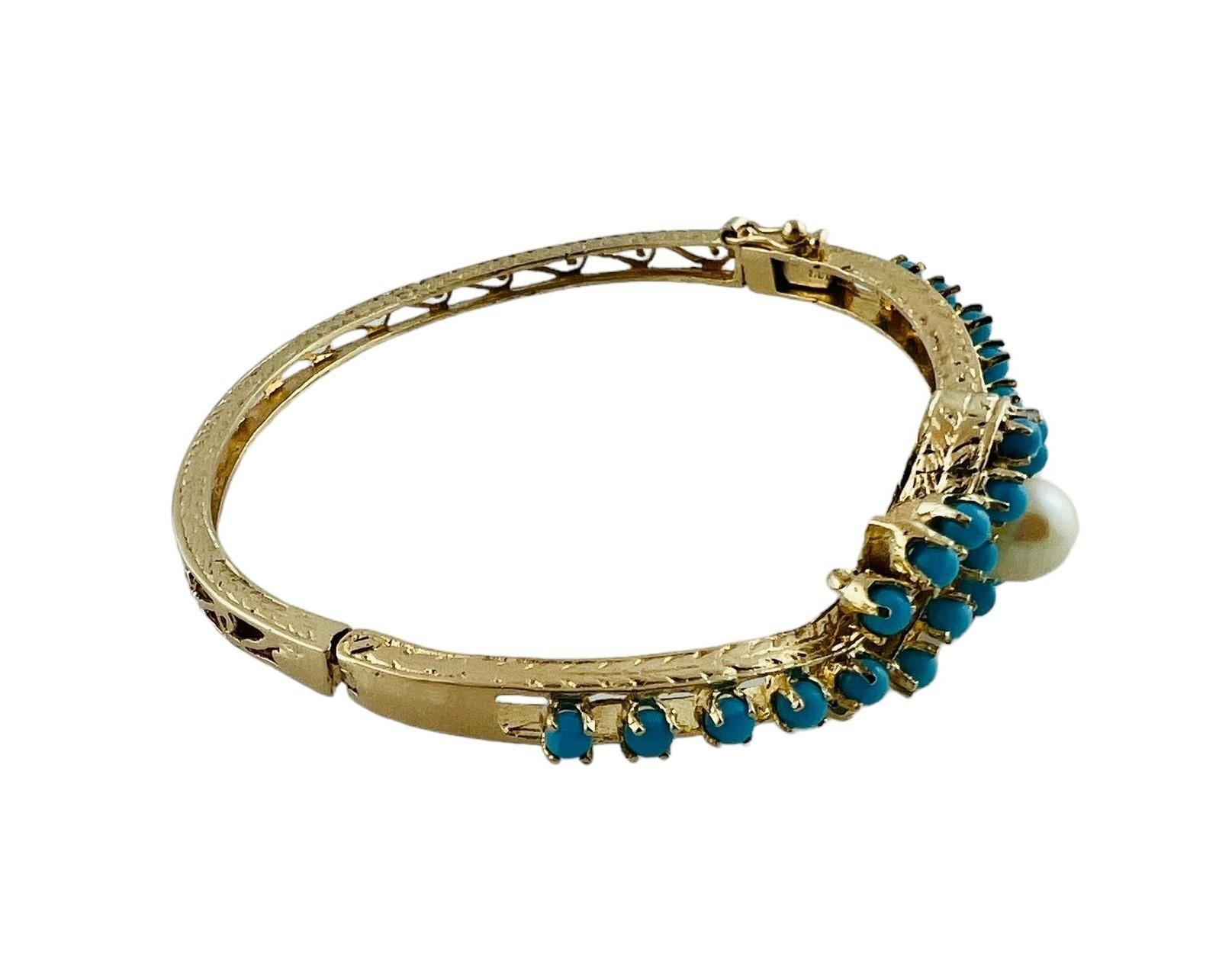 14K Yellow Gold Pearl and Turquoise Bangle Bracelet #16681 5