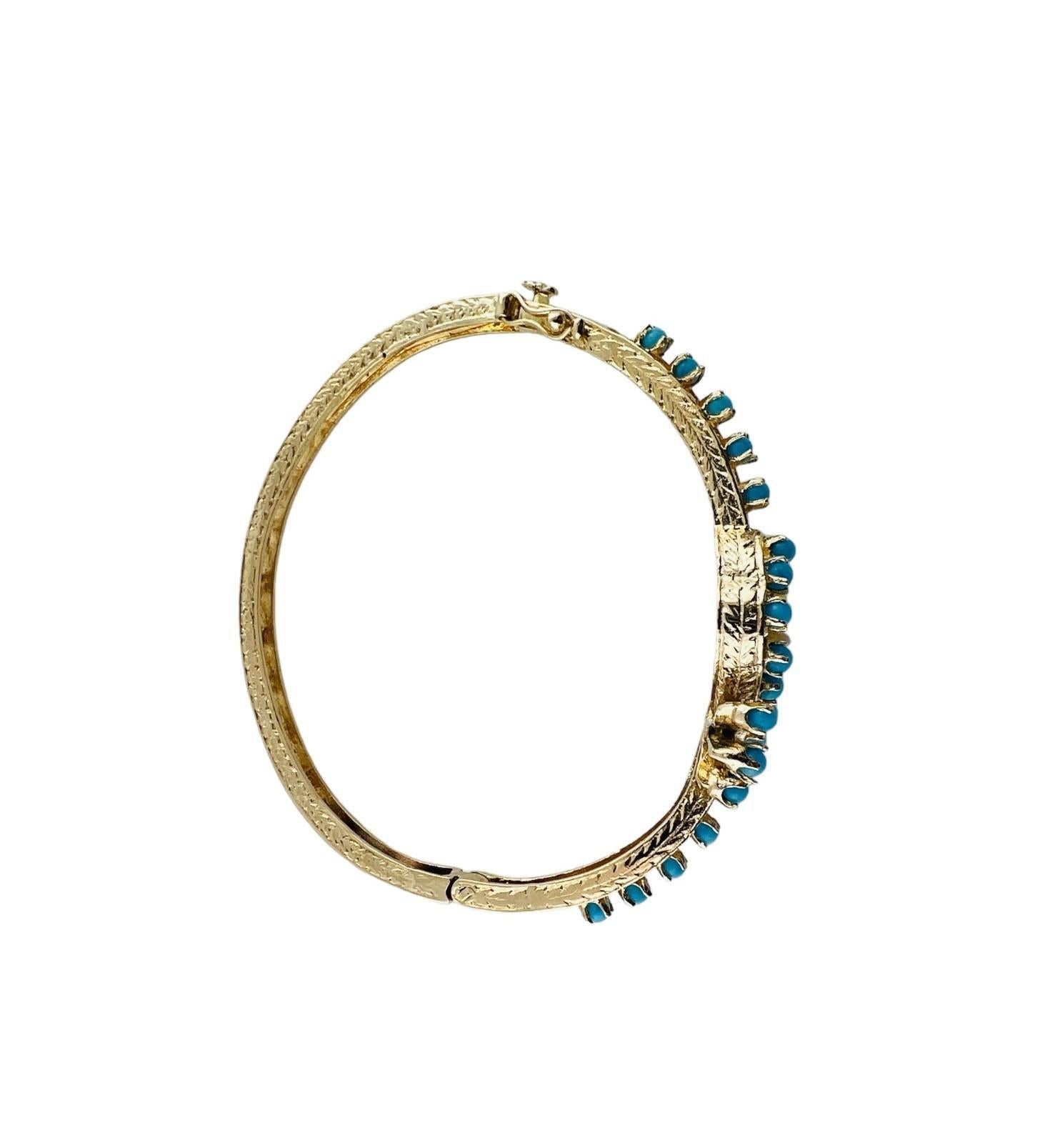 Round Cut 14K Yellow Gold Pearl and Turquoise Bangle Bracelet #16681