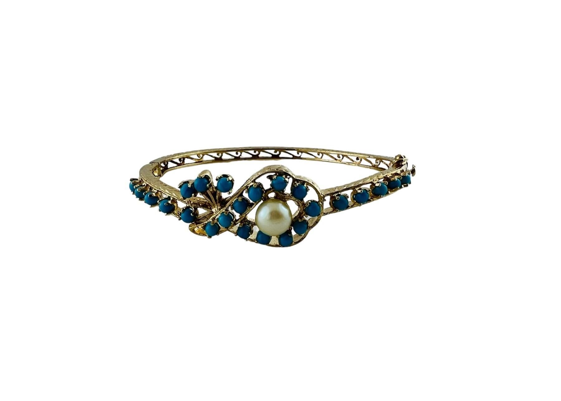 14K Yellow Gold Pearl and Turquoise Bangle Bracelet #16681 In Good Condition In Washington Depot, CT