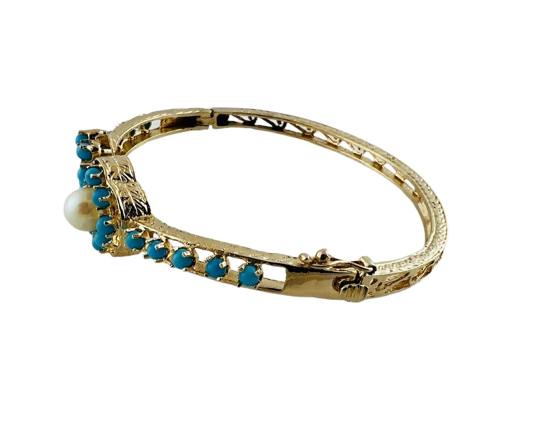 14K Yellow Gold Pearl and Turquoise Bangle Bracelet #16681 4