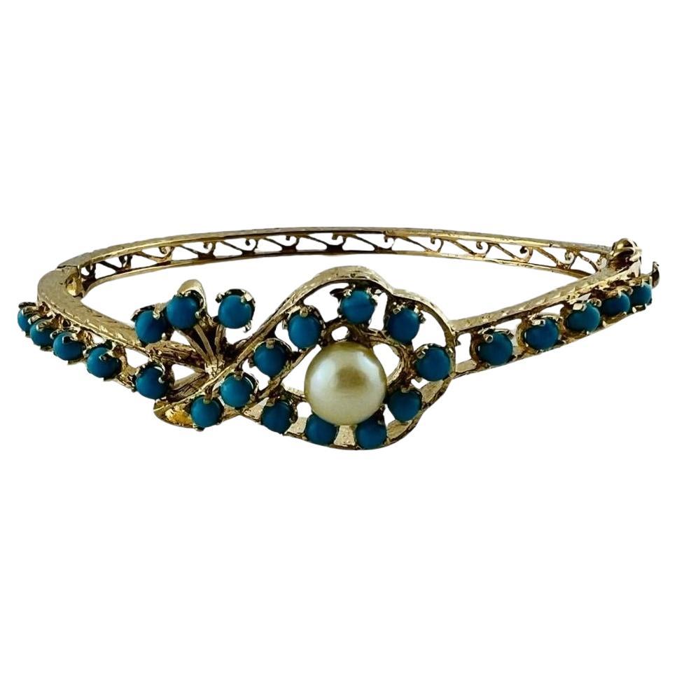 14K Yellow Gold Pearl and Turquoise Bangle Bracelet #16681
