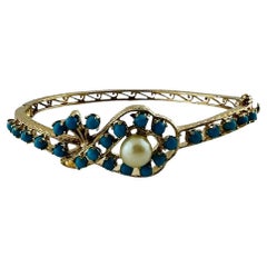 Vintage 14K Yellow Gold Pearl and Turquoise Bangle Bracelet #16681