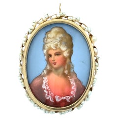 14K Yellow Gold Pearl-Border Lady Portrait Convertible Vintage Brooch/Pendant