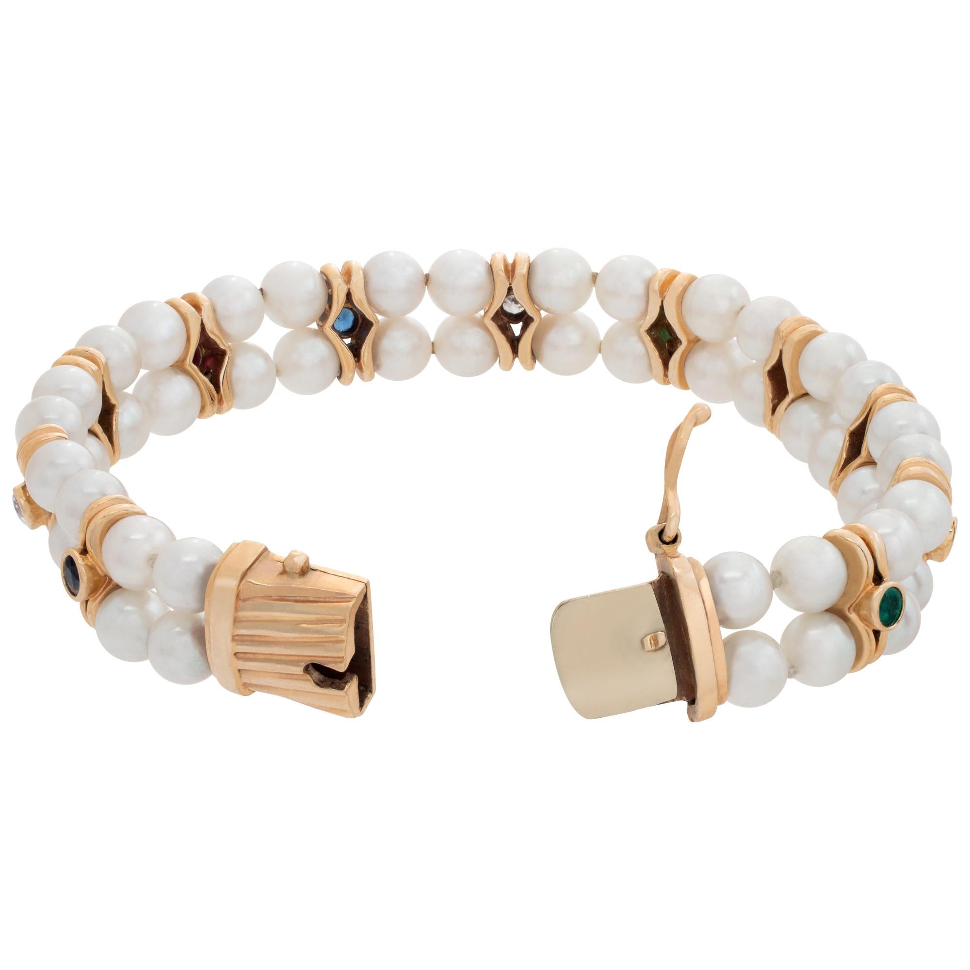 Bracelet de perles en or jaune 14 carats avec rubis, diamants, saphirs et émeraudes Pour femmes en vente