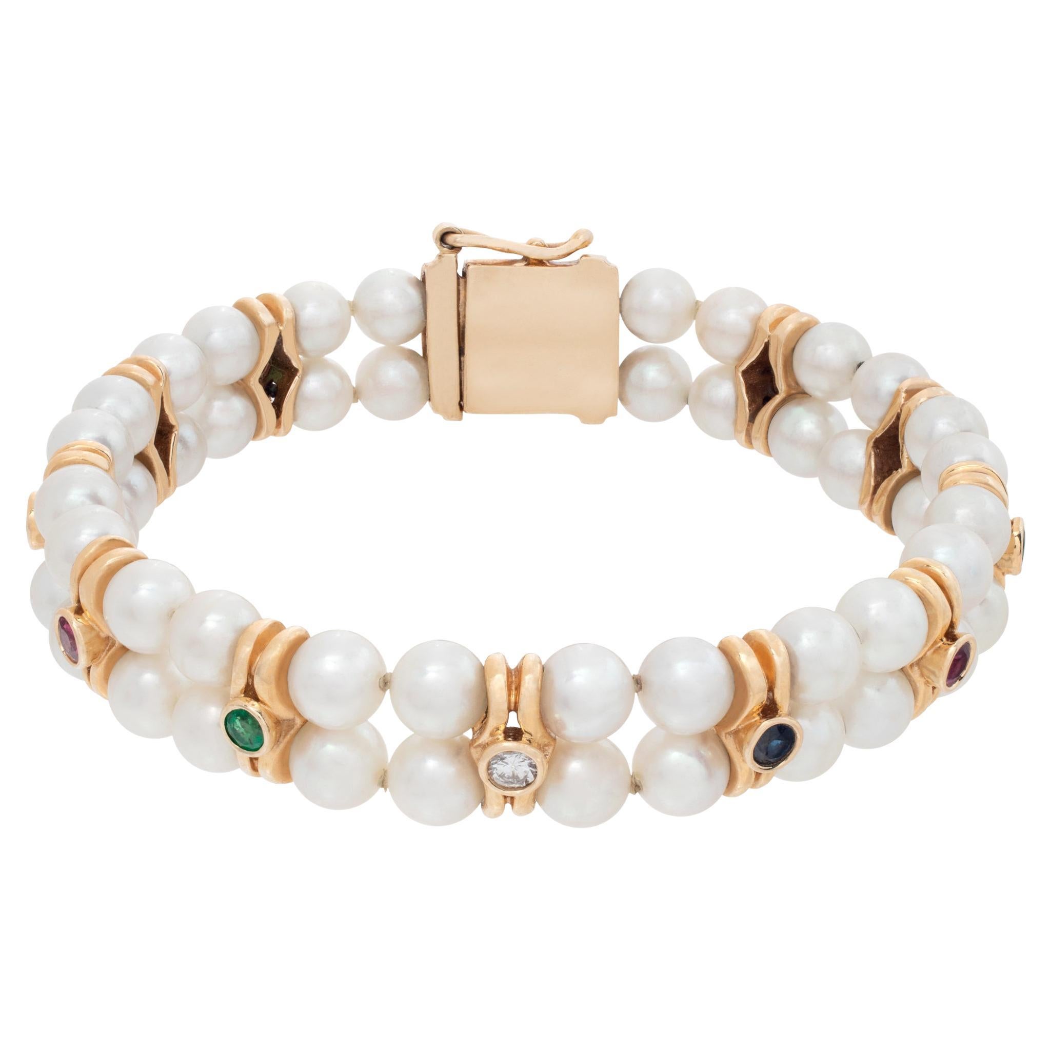 Bracelet de perles en or jaune 14 carats avec rubis, diamants, saphirs et émeraudes en vente