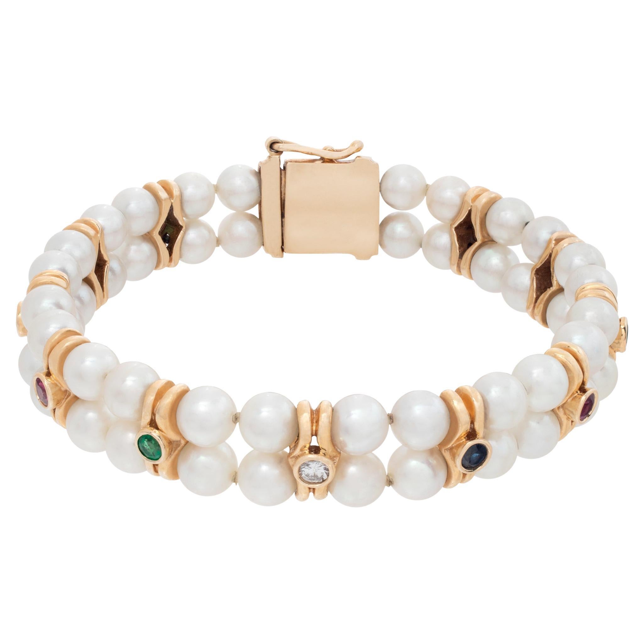 Bracciale di perle in oro giallo 14k con rubini, diamanti, zaffiri e smeraldi