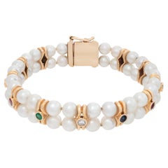 14k Yellow Gold Pearl Bracelet with Rubies, Diamonds, Sapphires and Emeralds
