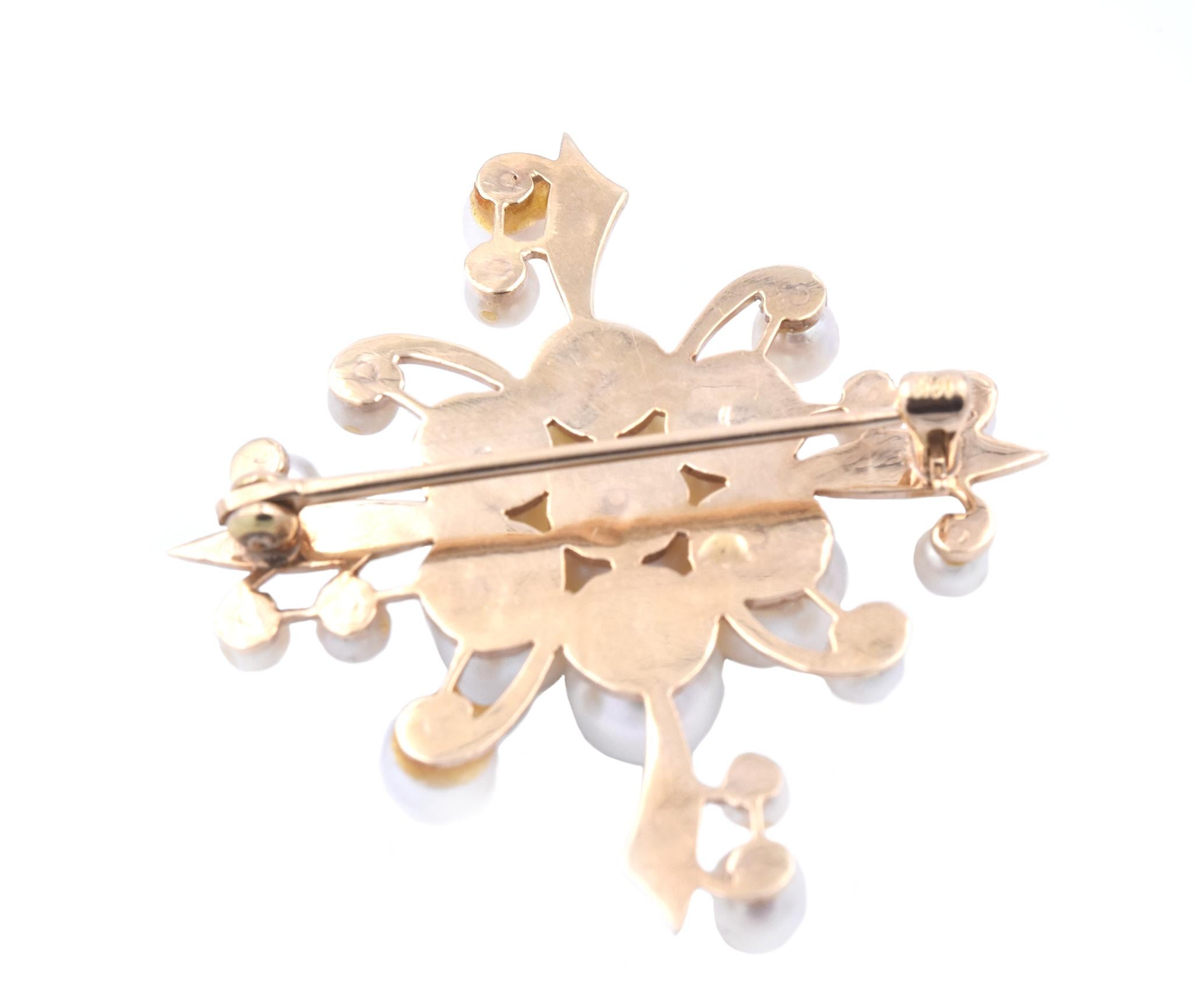 Material: 14k yellow gold
Pearl: 3.5mm – 7.0mm
Dimensions: pin measures 40.35mm x 43.15mm
Weight: 10.6 grams
