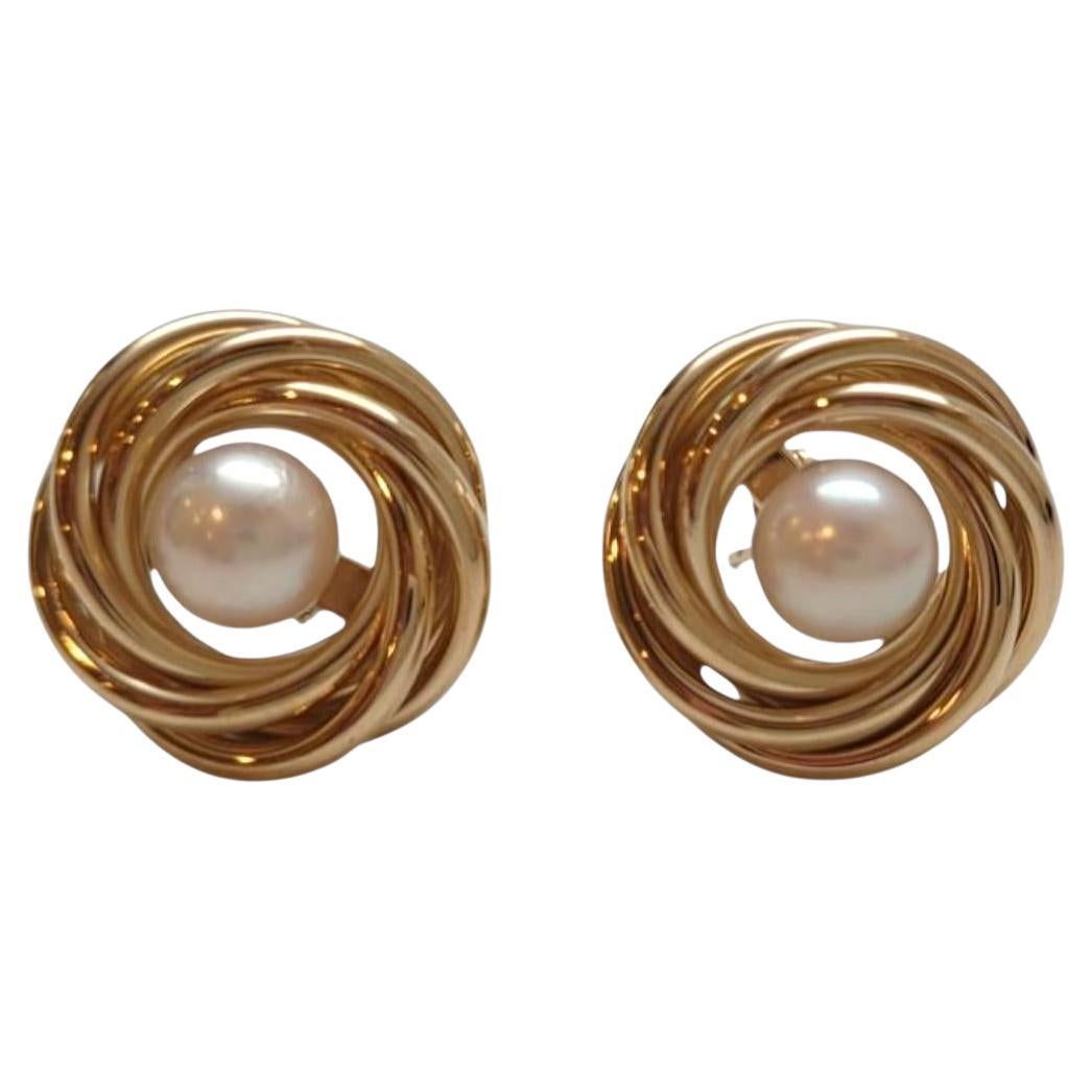 14K Yellow Gold Pearl Circle Earrings #21941 For Sale