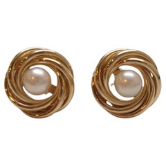 14K Yellow Gold Pearl Circle Earrings #21941