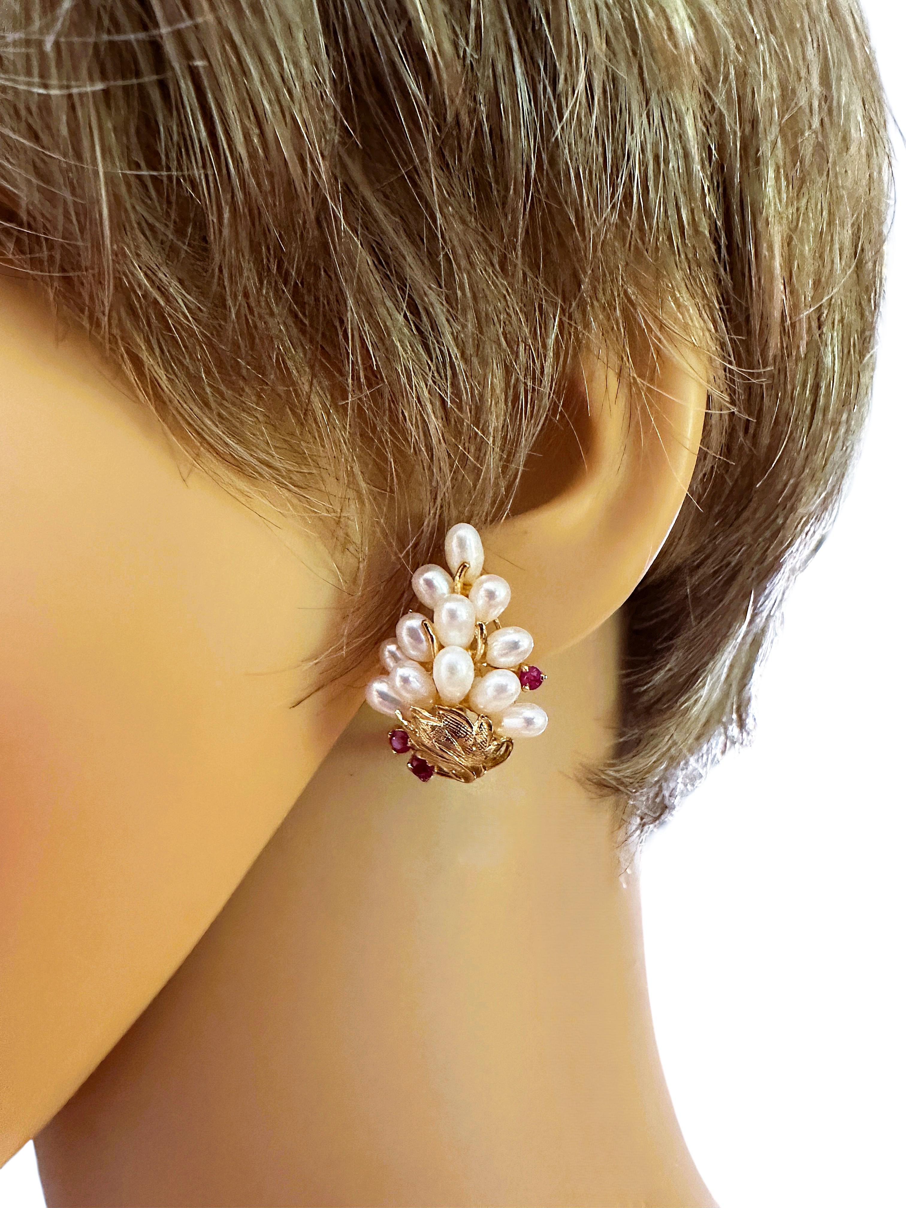 Brilliant Cut 14k Yellow Gold Pearl Cluster & .26 Carat Diamond Cut Ruby Earrings w Omega Bcks For Sale