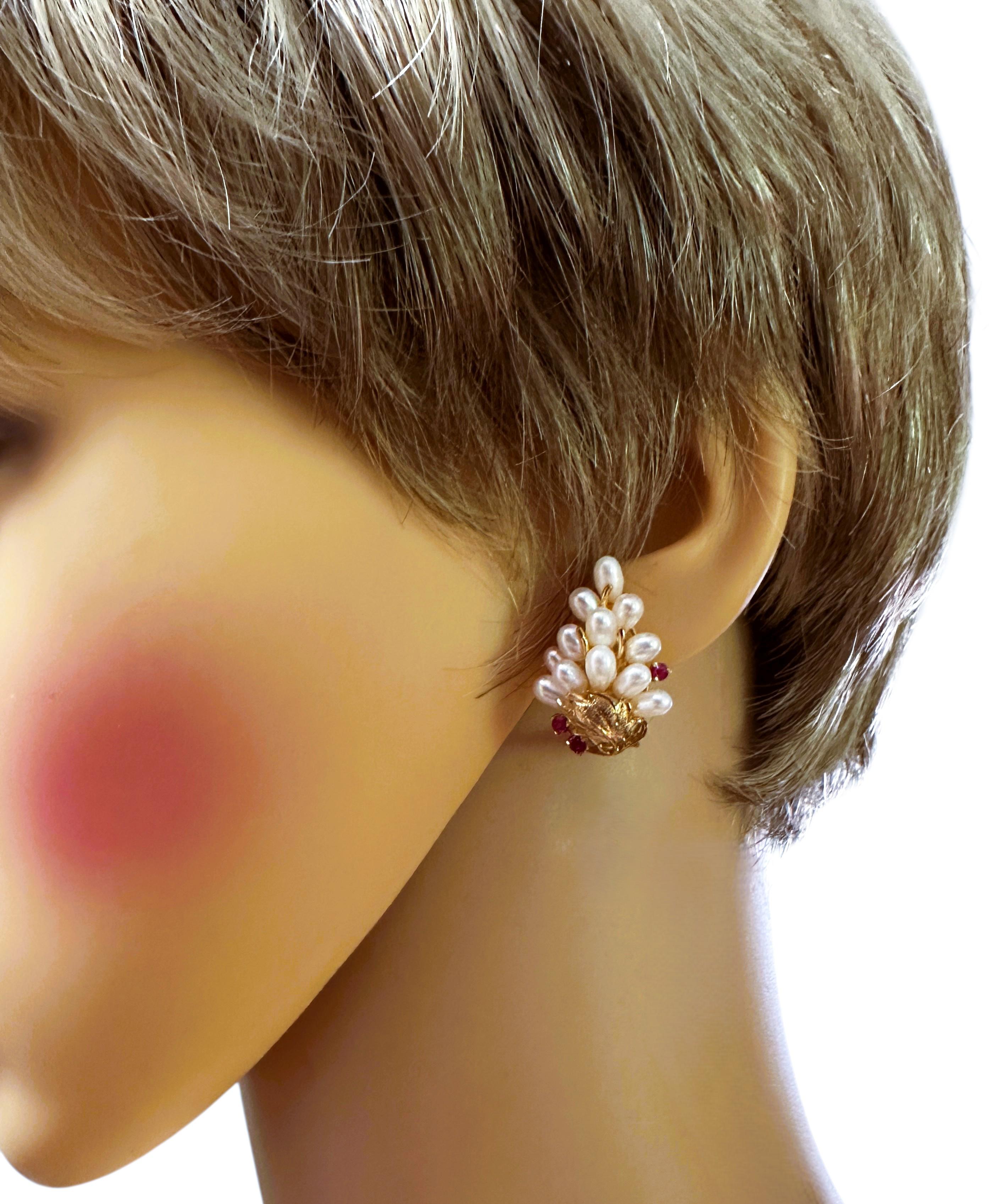 14k Yellow Gold Pearl Cluster & .26 Carat Diamond Cut Ruby Earrings w Omega Bcks In Excellent Condition For Sale In Eagan, MN
