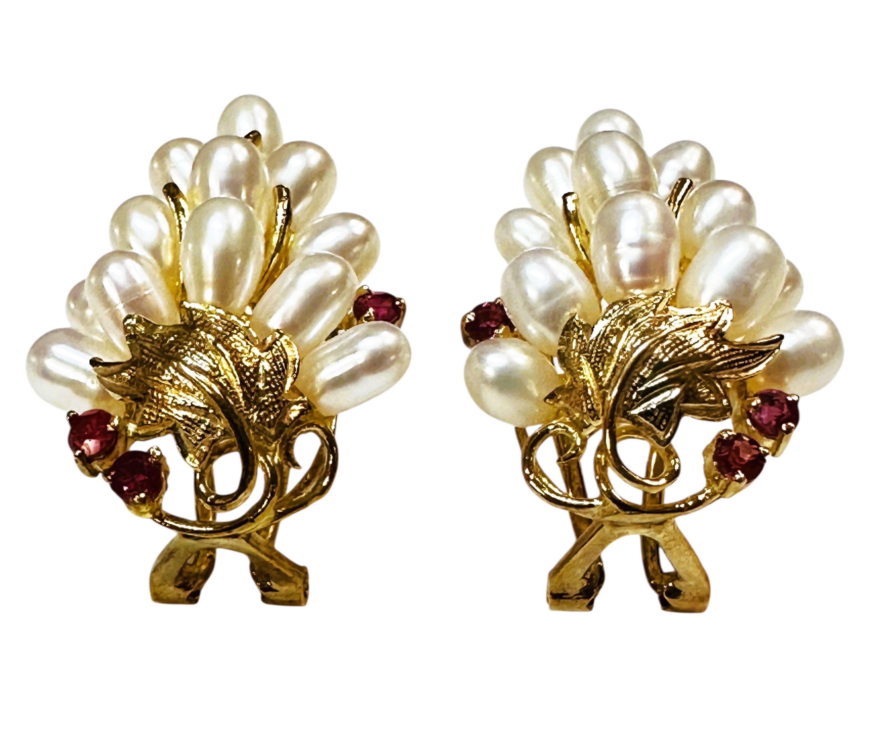14k Yellow Gold Pearl Cluster & .26 Carat Diamond Cut Ruby Earrings w Omega Bcks For Sale 1