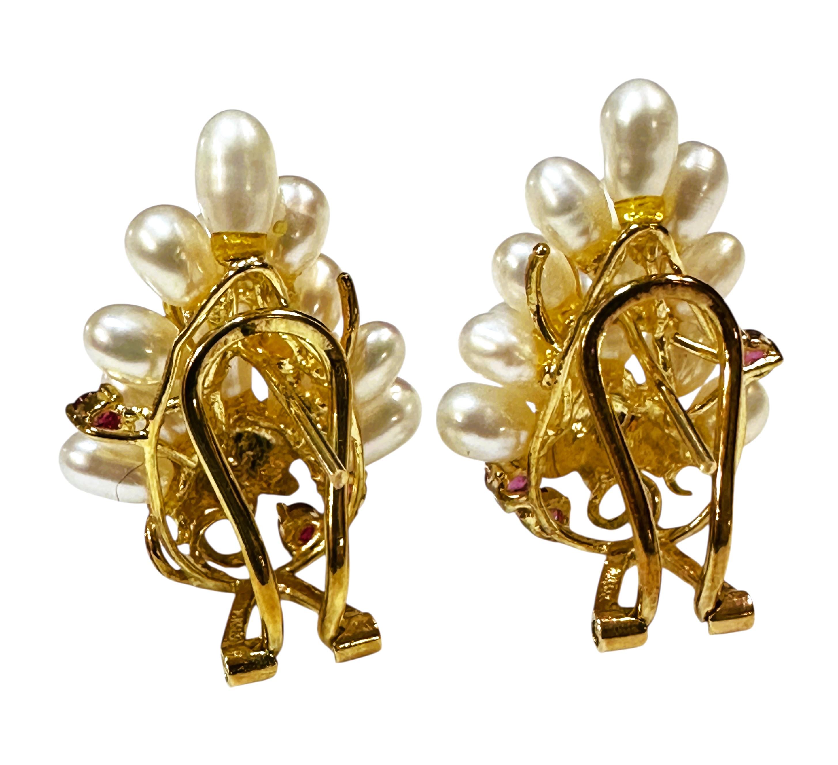 14k Yellow Gold Pearl Cluster & .26 Carat Diamond Cut Ruby Earrings w Omega Bcks For Sale 2