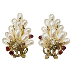 14k Yellow Gold Pearl Cluster & .26 Carat Diamond Cut Ruby Earrings w Omega Bcks
