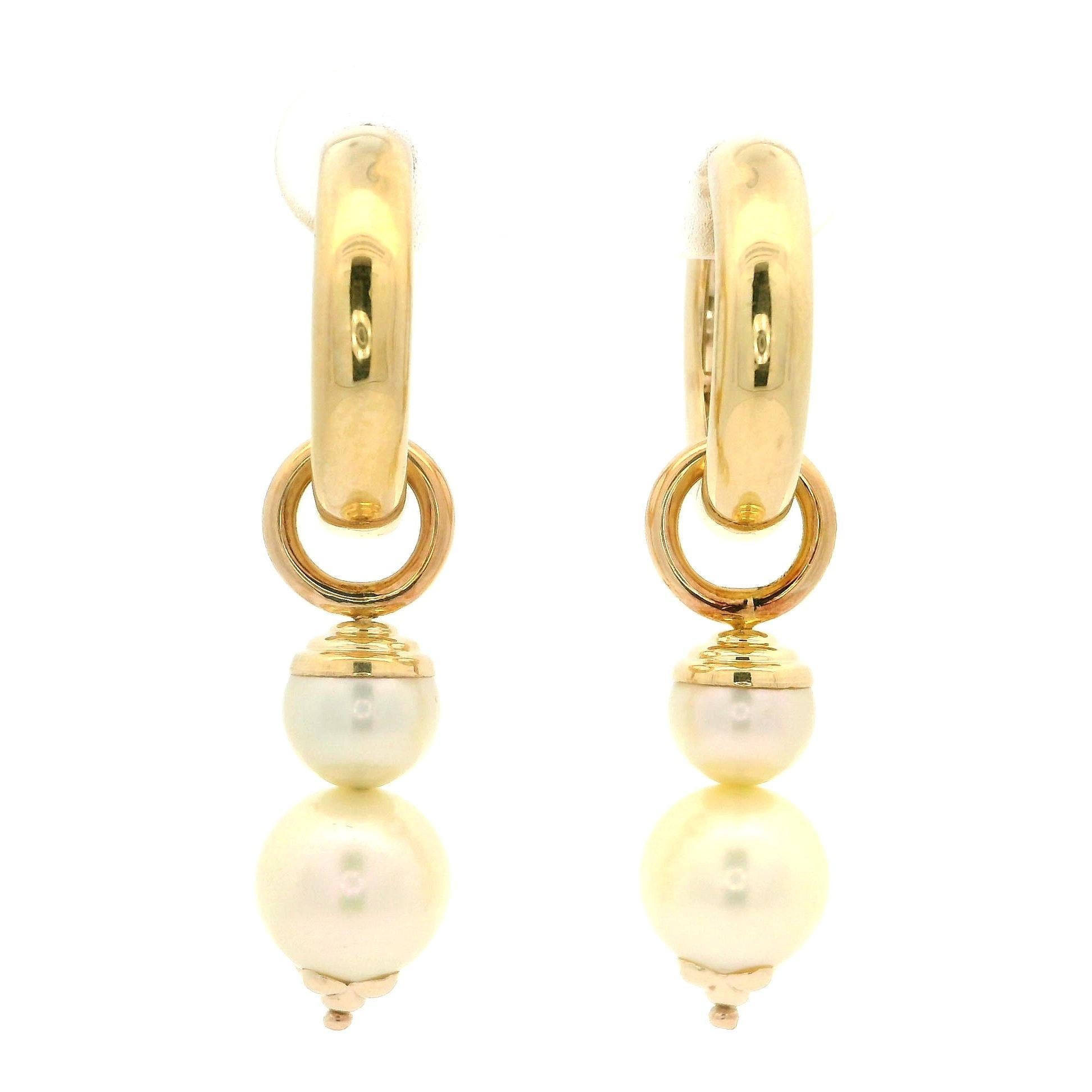14k Yellow Gold Pearl Convertible Huggie Hoop Or Dangle Clip On Earrings For Sale 6