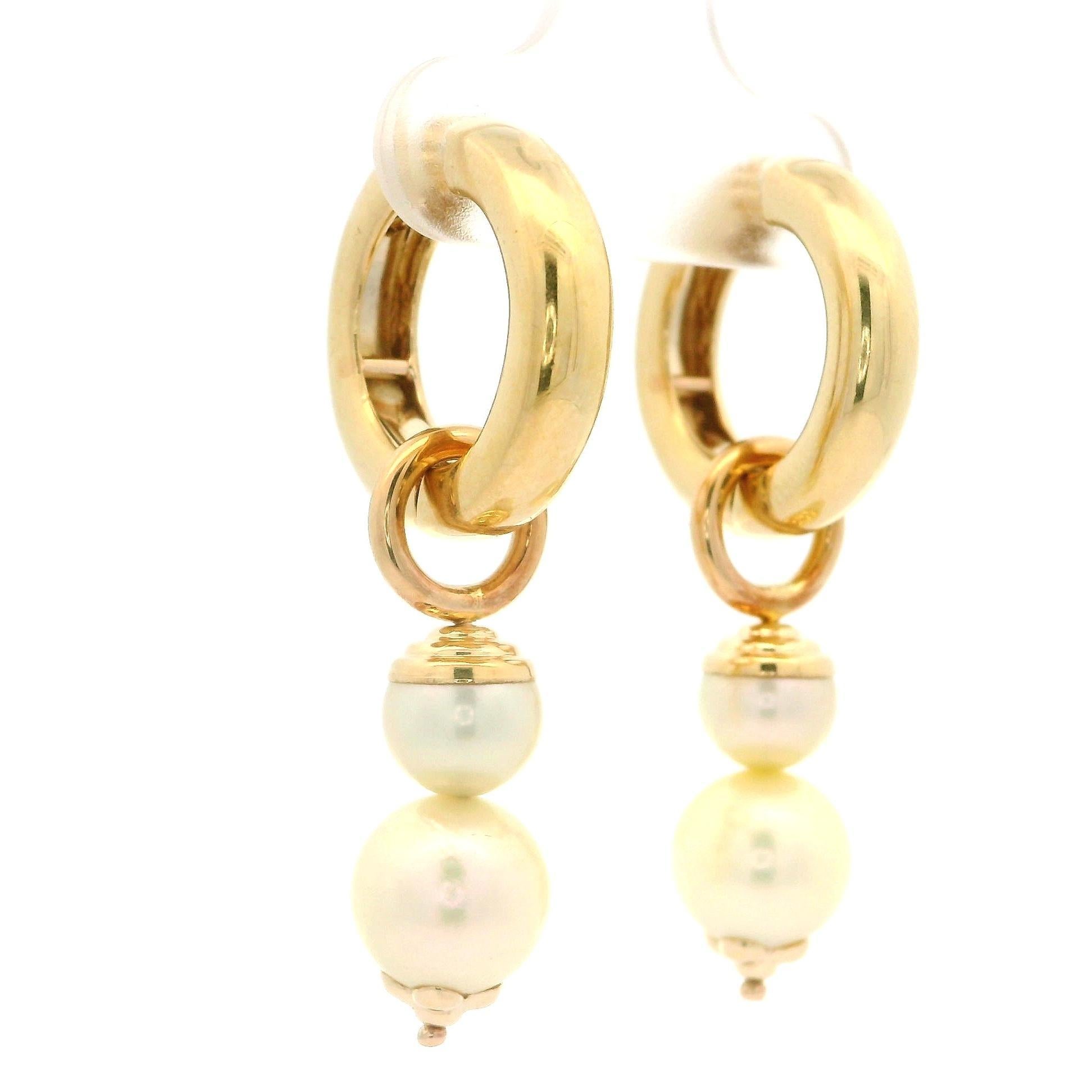 14k Yellow Gold Pearl Convertible Huggie Hoop Or Dangle Clip On Earrings For Sale 7