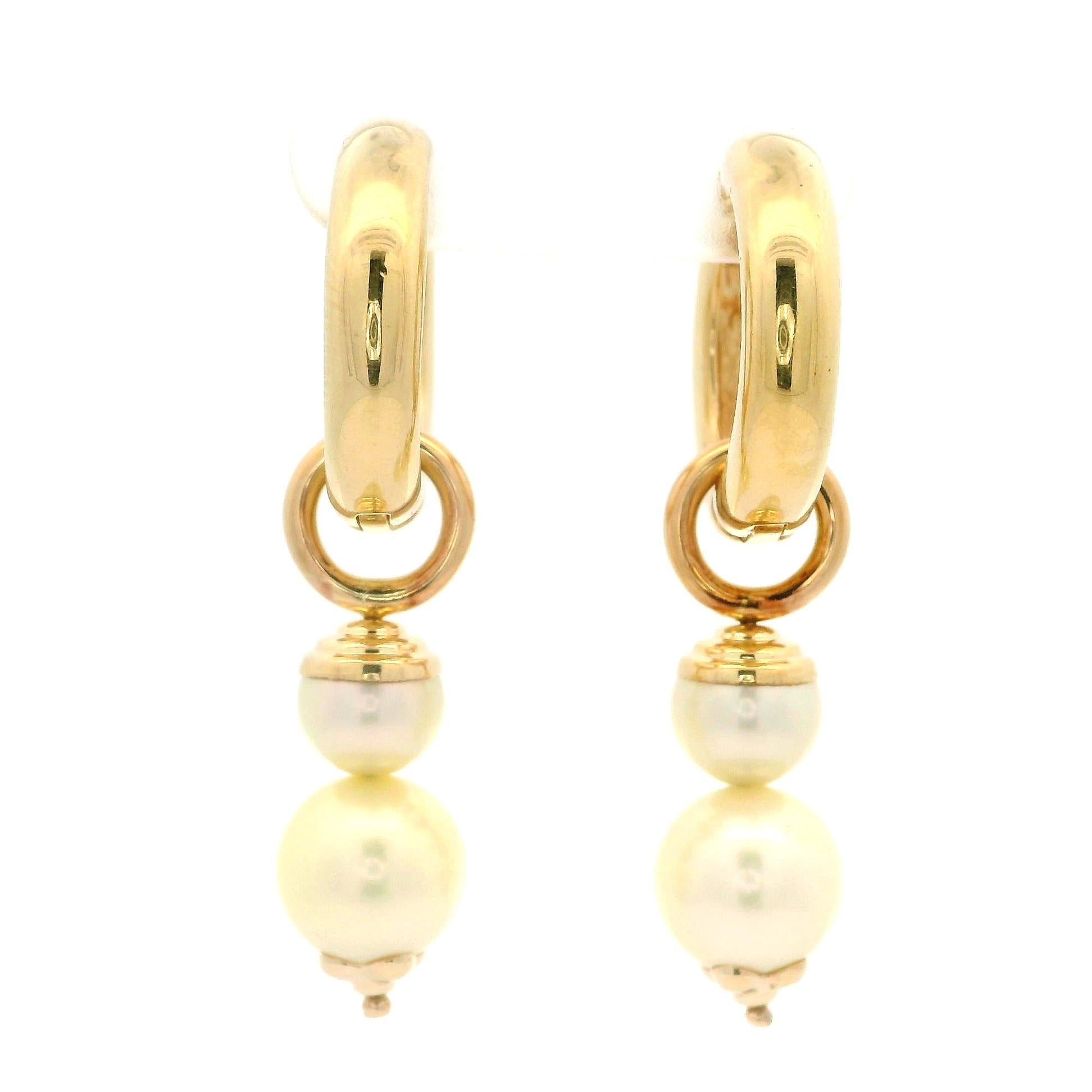 14k Yellow Gold Pearl Convertible Huggie Hoop Or Dangle Clip On Earrings For Sale 9