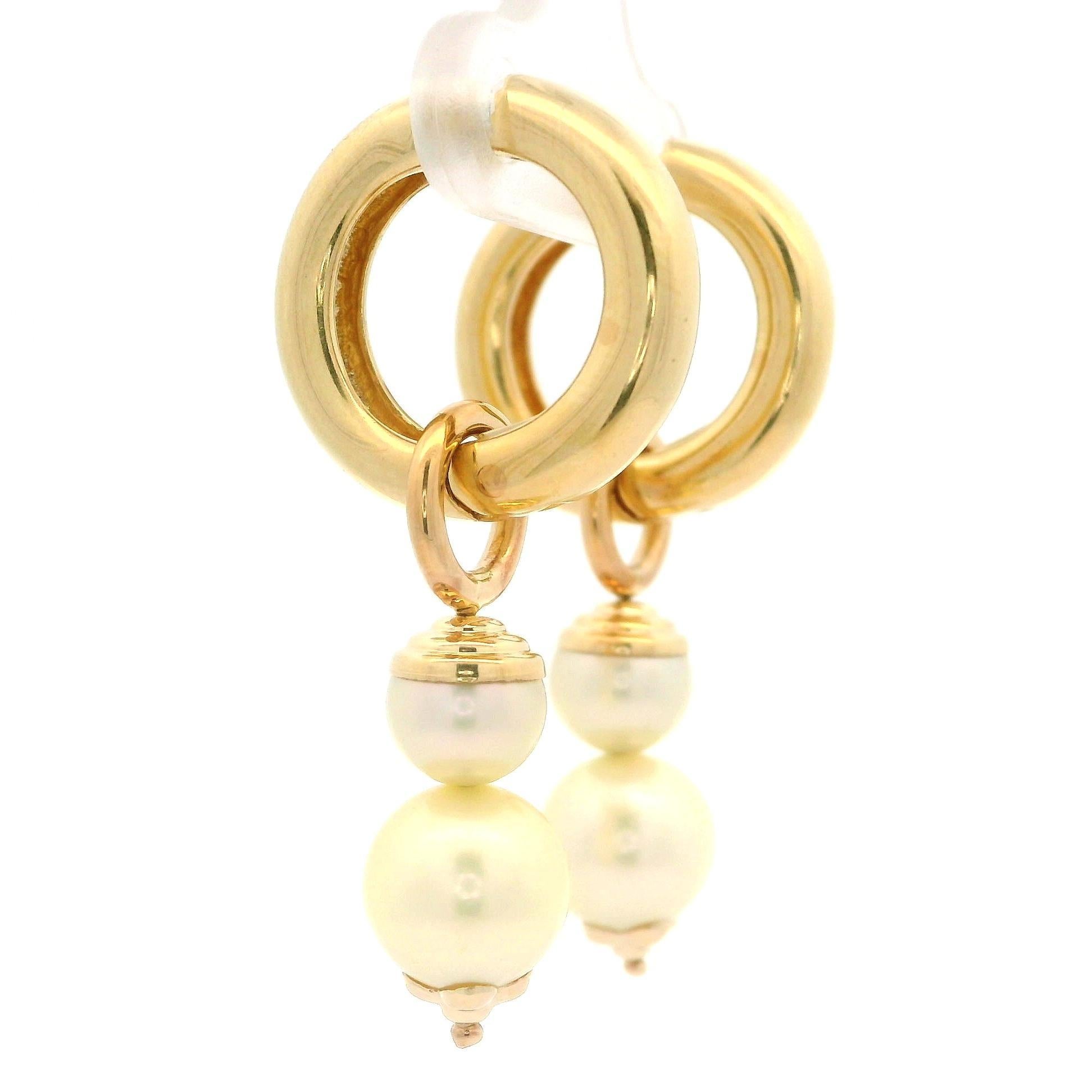 14k Yellow Gold Pearl Convertible Huggie Hoop Or Dangle Clip On Earrings For Sale 10