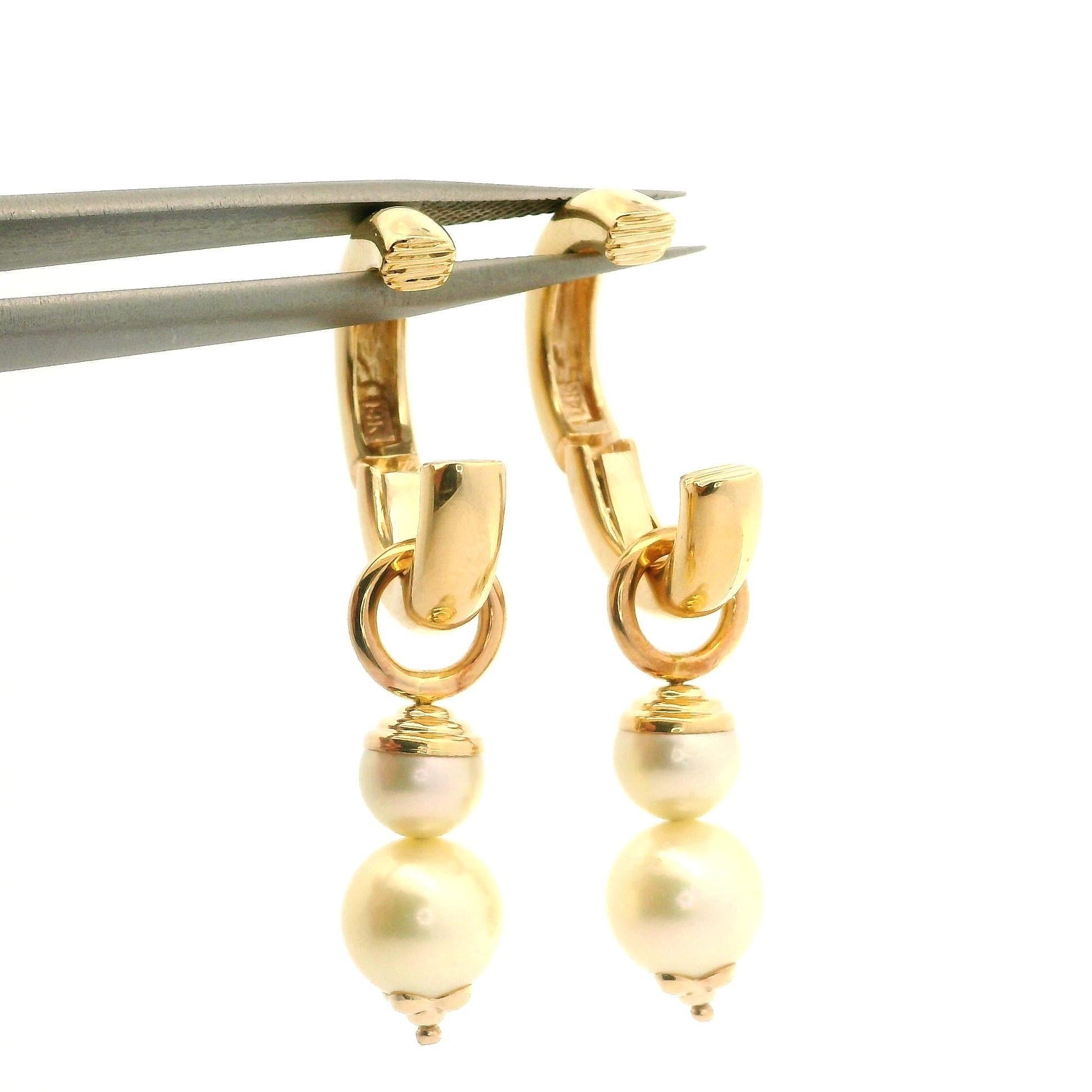 14k Yellow Gold Pearl Convertible Huggie Hoop Or Dangle Clip On Earrings For Sale 11