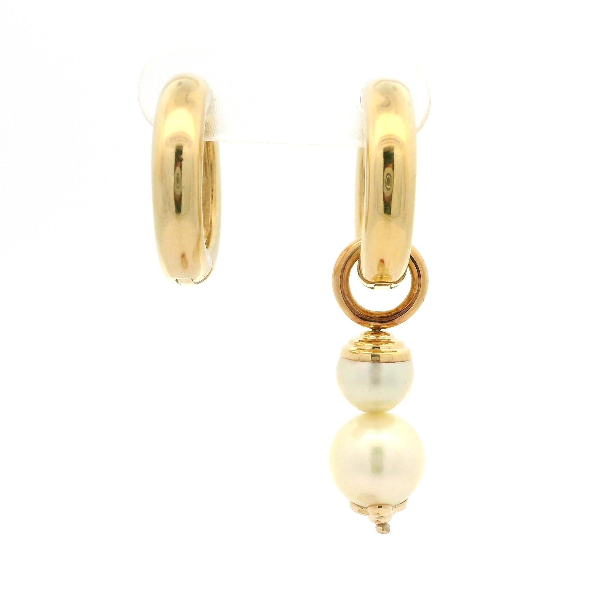 Women's 14k Yellow Gold Pearl Convertible Huggie Hoop Or Dangle Clip On Earrings For Sale